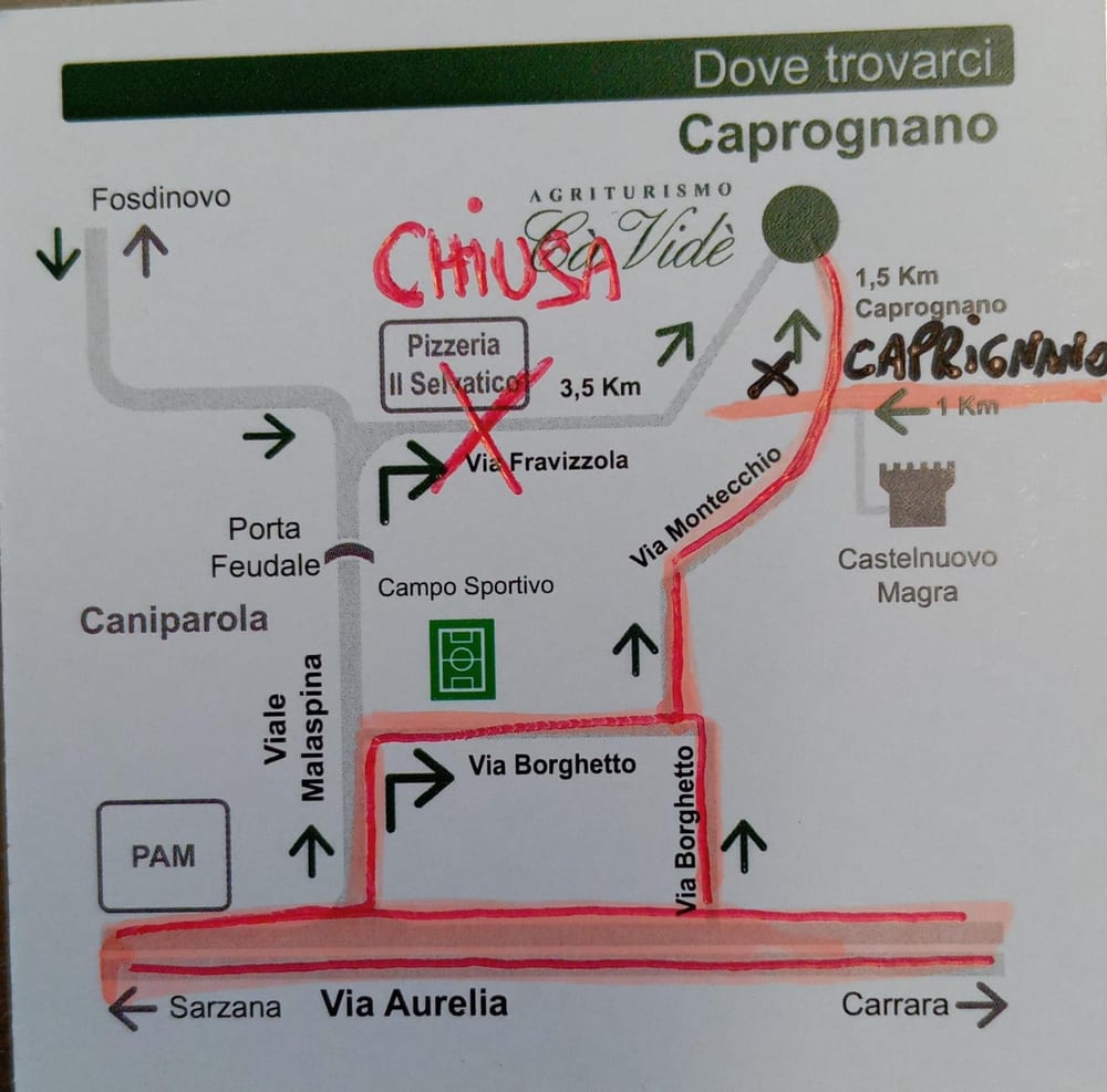 Piantina per arrivare a Cà Vidè: da Caprignano si prosegue circa 1,5 km fino a Caprognano